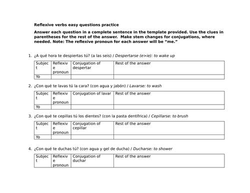 Reflexive verbs easy questions practice