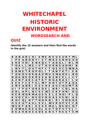 CRIME, PUNISHMENT AND POLICING (HISTORIC ENVIRONMENT WHITECHAPEL) WORDSEARCH AND QUIZ