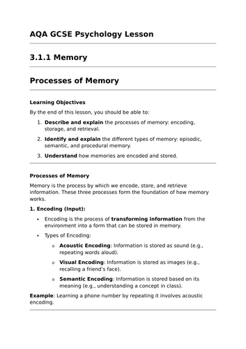 Processes of Memory - GCSE Psychology Lesson