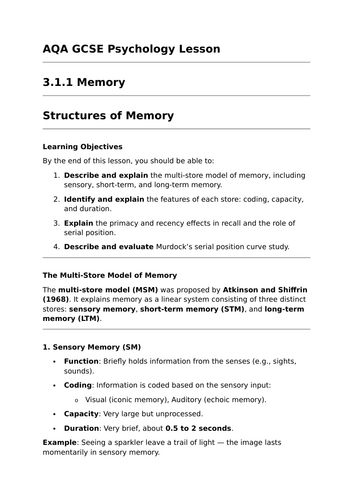 Structures of Memory - GCSE Psychology Lesson