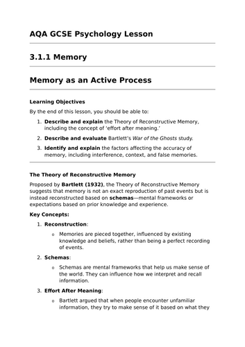 Memory as an Active Process - GCSE Psychology Lesson