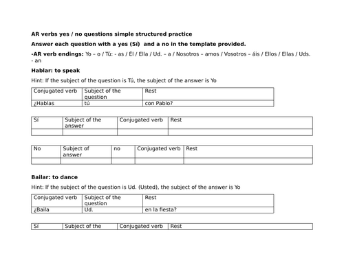 AR verbs yes / no questions simple structured practice