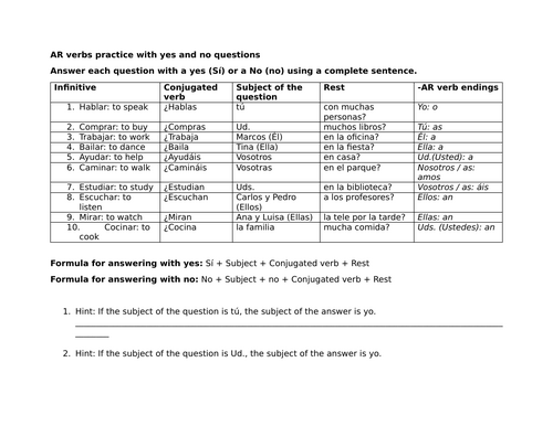 AR verbs practice with yes and no questions