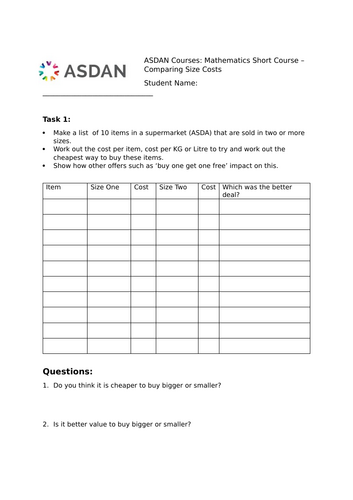 ASDAN Maths Course - Comparing Sizes