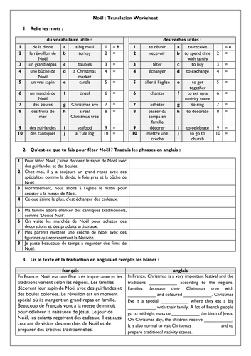 French Christmas GCSE - Noël - Translation Worksheet