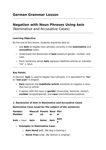 Negation with 'Kein' - GCSE German Grammar Lesson | Teaching Resources