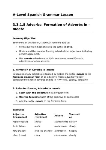 Formation of Adverbs - A-Level Spanish Grammar