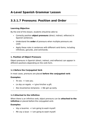 Position of Pronouns - A-Level Spanish Grammar