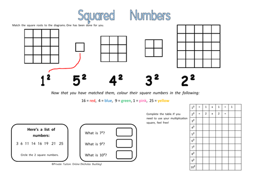 Square Numbers Worksheet