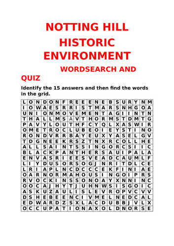 NOTTING HILL HISTORIC ENVIRONMENT WORDSEARCH AND QUIZ