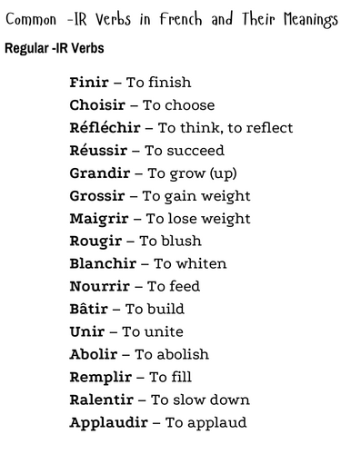 list of french ir verbs and their meanings