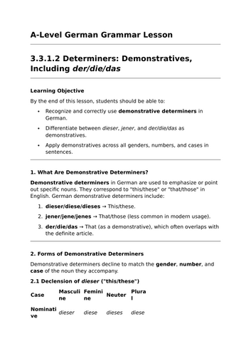 Demonstrative Articles - A-Level German Grammar