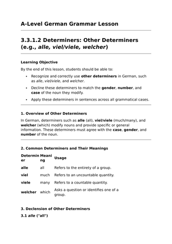 Other Determiners - A-Level German Grammar