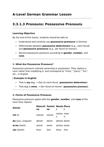 Possessive Pronouns - A-Level German Grammar