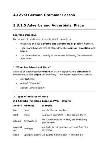 Adverbs Relating to Place - A-Level German Grammar