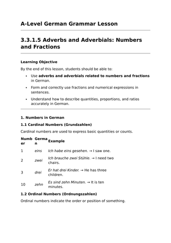 Adverbs of Numbers and Fractions - A-Level German Grammar