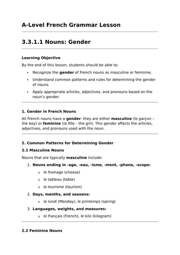 Gender of Nouns - A-Level French Grammar