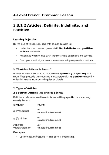 Definite, Indefinite and Partitive Articles - A-Level French Grammar