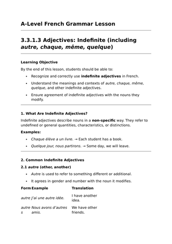 Indefinite Adjectives - A-Level French Grammar