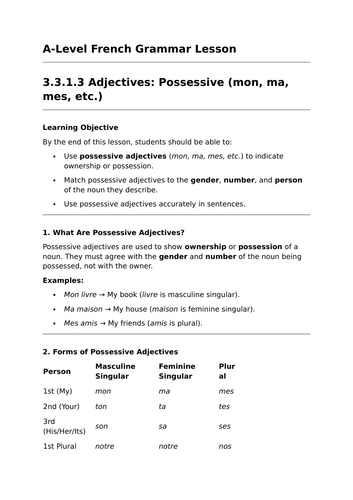 Possessive Adjectives - A-Level French Grammar