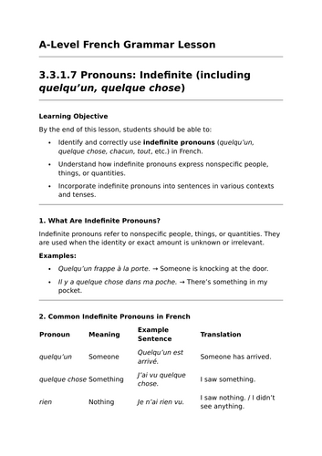 Indefinite Pronouns - A-Level French Grammar