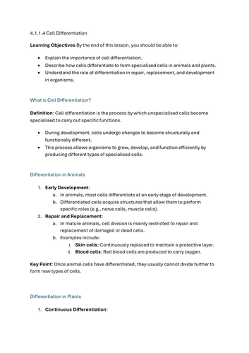 Cell differentiation - GCSE Biology