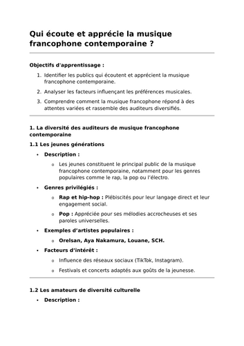 Qui écoute et apprécie la musique francophone contemporaine ? - A-Level French Lesson