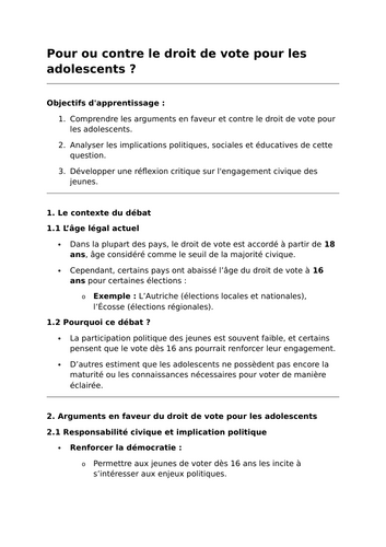 Pour ou contre le droit de vote pour les adolescents ? - A-Level French Lesson