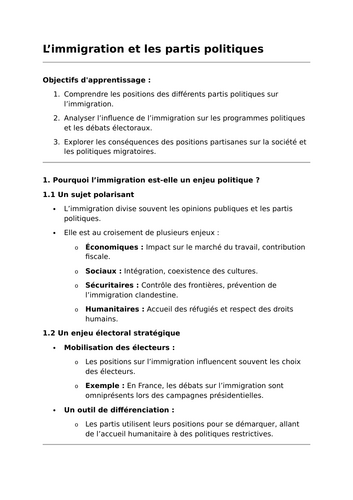 L'immigration et les partis politiques - A-Level French Lesson