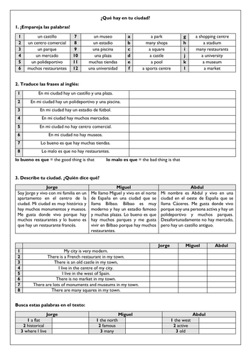 Viva 1 My Town / Where I live - Mi ciudad (7 worksheets) Spanish KS3