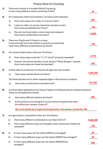 Product Rule of Counting Worksheet | Teaching Resources