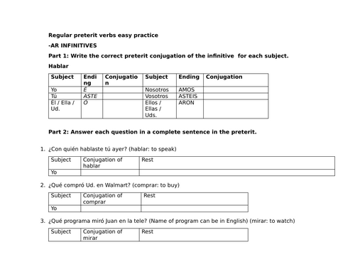 Regular preterit verbs easy practice