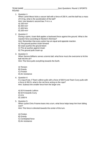 KS4 Forces sport, animal, music, units themed Quiz (10 questions) 5 rounds