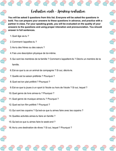 FRENCH - Speaking evaluation (Asking basic questions about yourself and others)