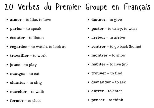 20 first group verbs in french and their meaning