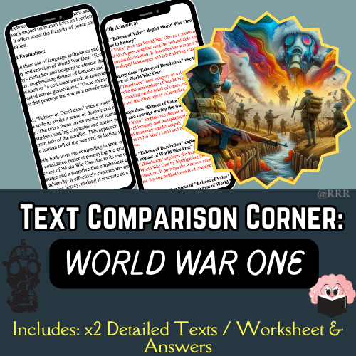 World War One: Text Comparison & Author Insights! Compare & Contrast TEXTS with Worksheet & Answers