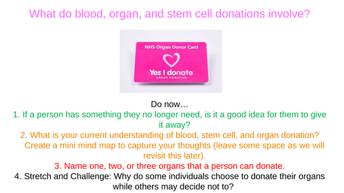 What do blood, organ, and stem cell donations involve? PSHE lesson