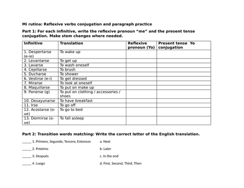 Mi rutina: Reflexive verbs conjugation and paragraph practice