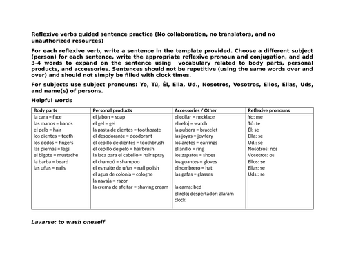 Reflexive verbs guided sentence practice