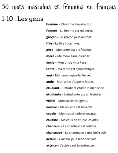 50 masculine and feminine words in french with examples