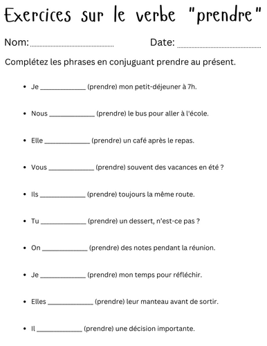 Exercices sur le verbe "prendre" - verb prendre exercises conjugation worksheets