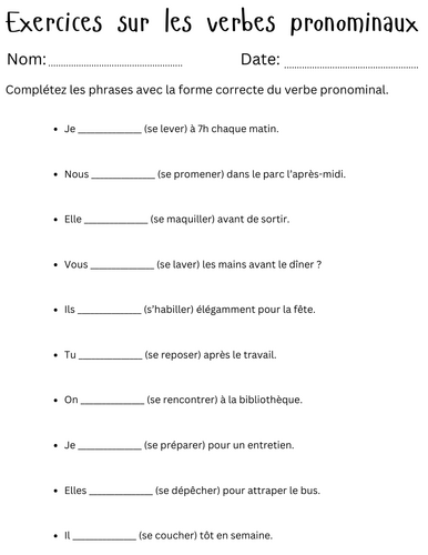 Exercices sur les verbes pronominaux - pronominal verbs in french exercises