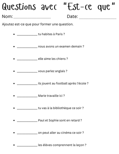 Questions avec "Est-ce que" - est-ce que questions worksheet