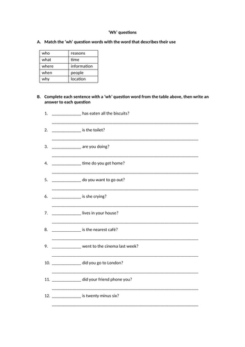 ESL 'Wh' questions worksheet