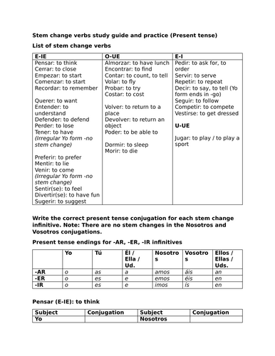 Stem change verbs study guide and practice