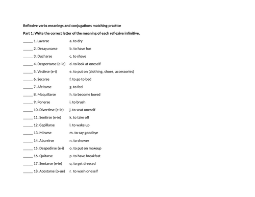 Reflexive verbs meanings and conjugations matching practice