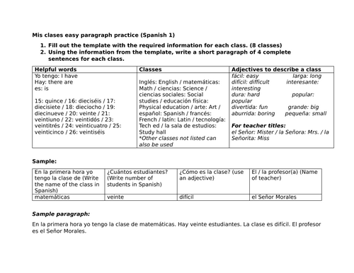 Mis clases easy paragraph practice (Spanish 1)