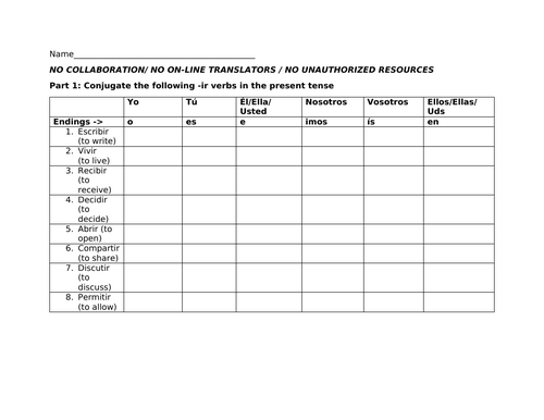 IR verbs present tense practice worksheet