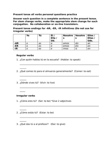 Present tense all verbs personal questions practice