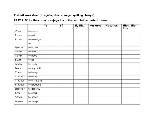 Preterit worksheet (Irregular, stem change, spelling change)